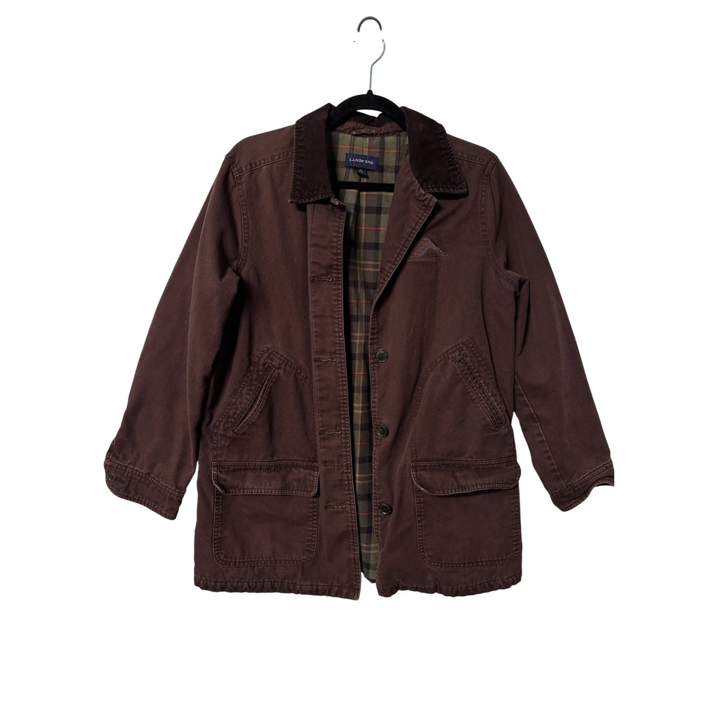 Lands End Mens Brown Cotton Canvas Barn Jacket Plaid Liner Corduroy Collar M